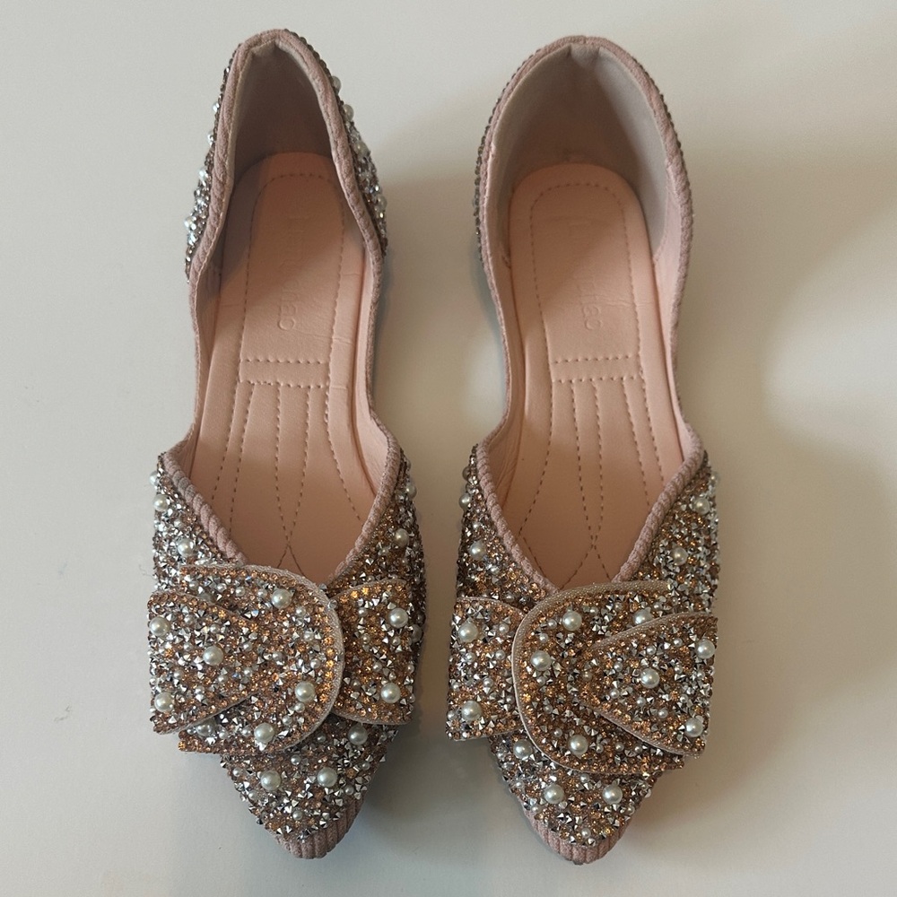 Blush Pink Jeweled Pointed Toe Flats with Pearl Bow Crystal Sparkling Cute Comfy